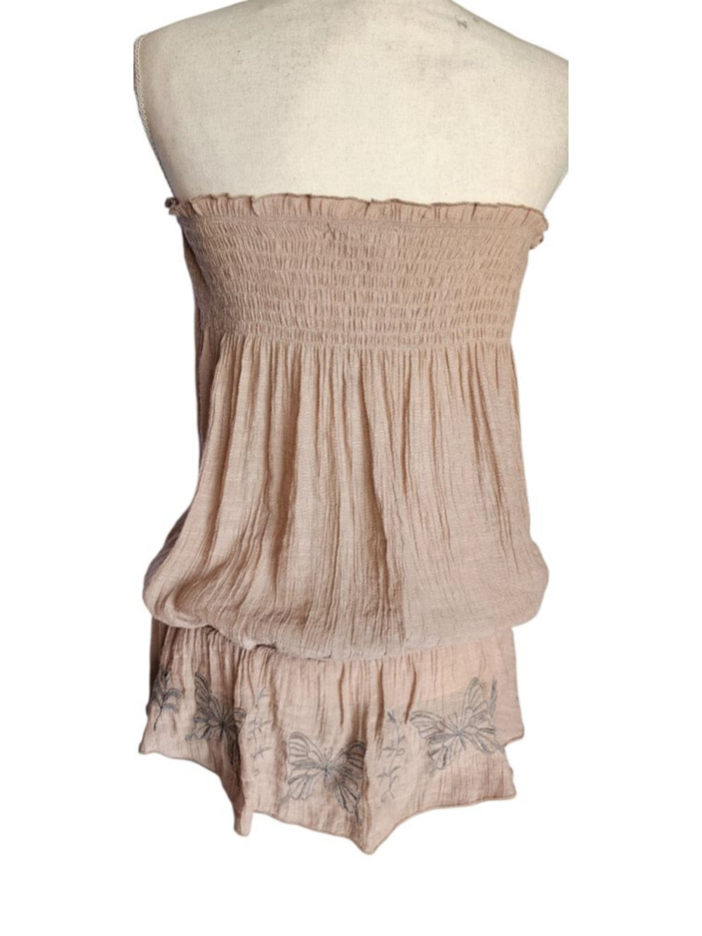 Mine Womens L Strapless Tube Top Beige Butterfly Embroidered Button Front NWOT - Picture 3 of 11